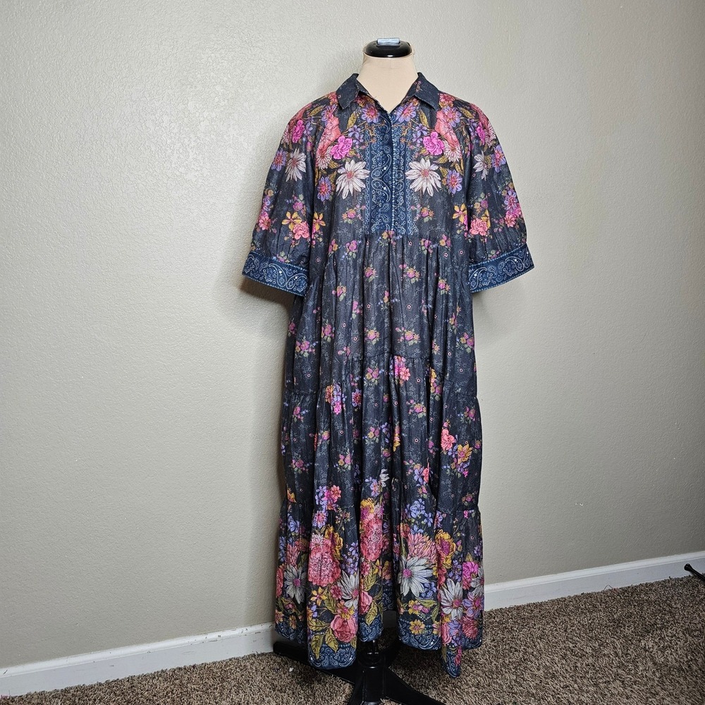 NATURAL LIFE Dark Floral Midi Dress with Pink and Yellow Accents - Picture 3 of 12